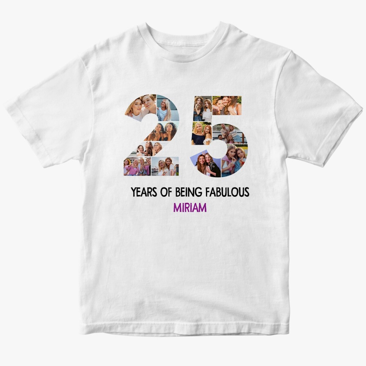 Personalised cotton T-shirt with 12 photos and a message – 25 years
