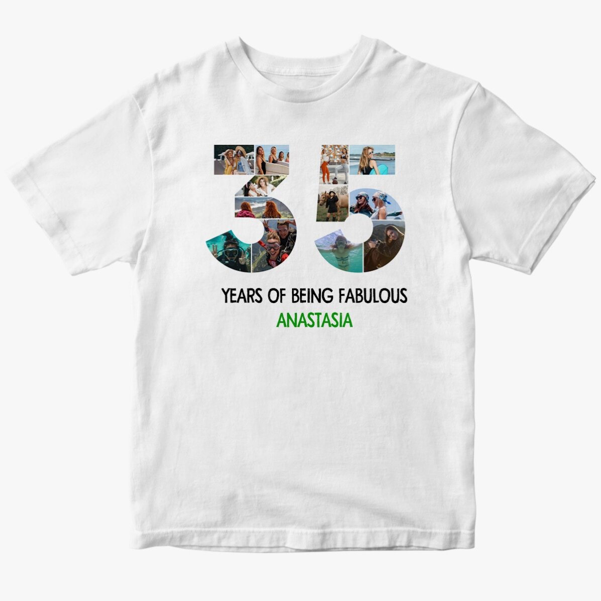 Personalised cotton T-shirt with 12 photos and a message – 35 years