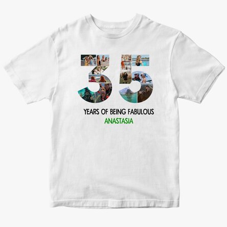 Tricou din bumbac personalizat cu 12 poze și mesaj - 35 de ani 