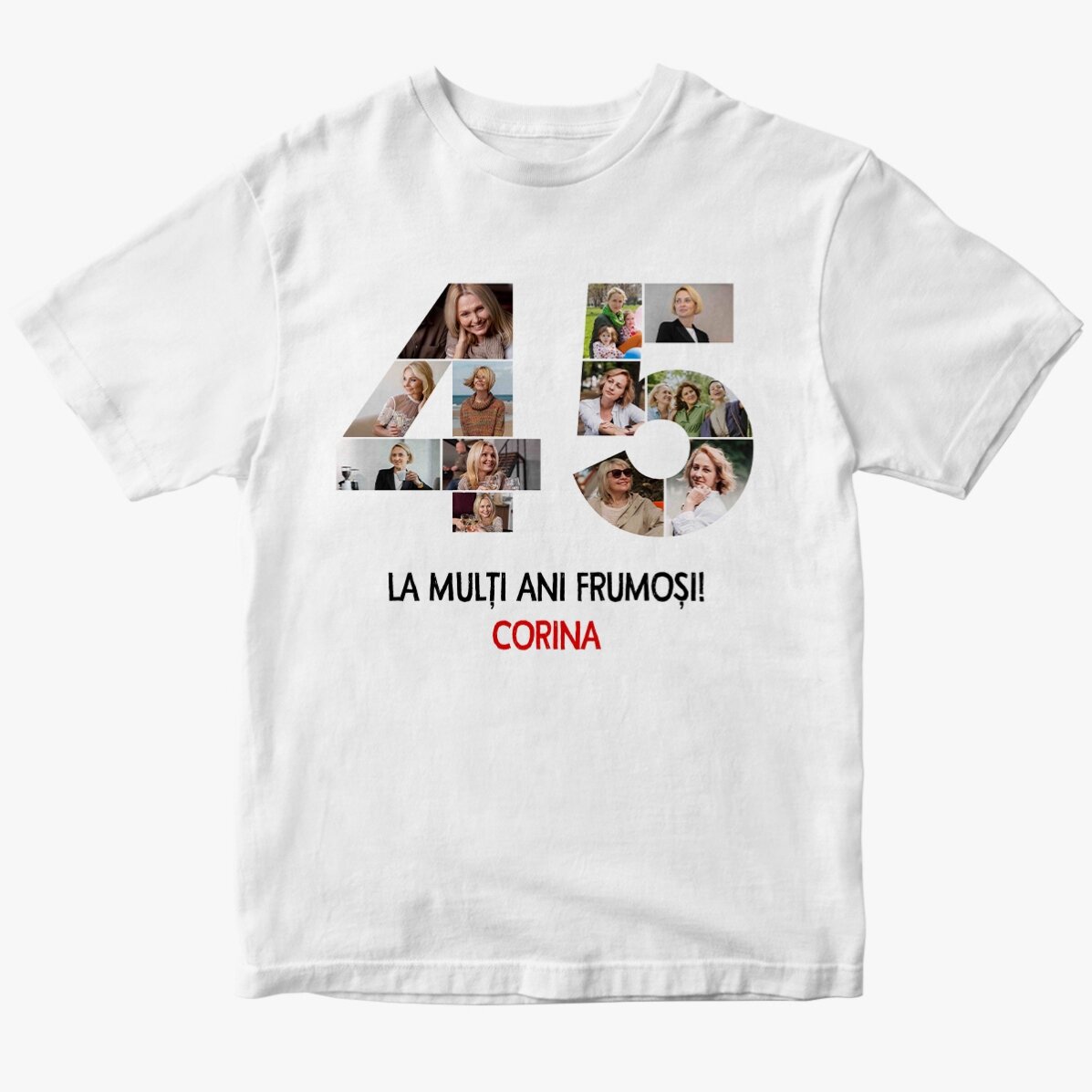 Personalised cotton T-shirt with 12 photos and a message – 45 years