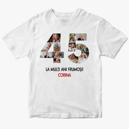 Tricou din bumbac personalizat cu 12 poze și mesaj - 45 de ani 