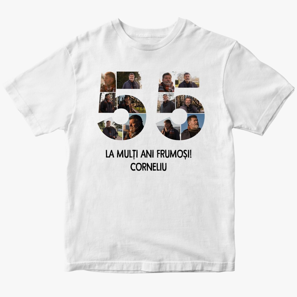 Personalised cotton T-shirt with 12 photos and a message – 55th birthday