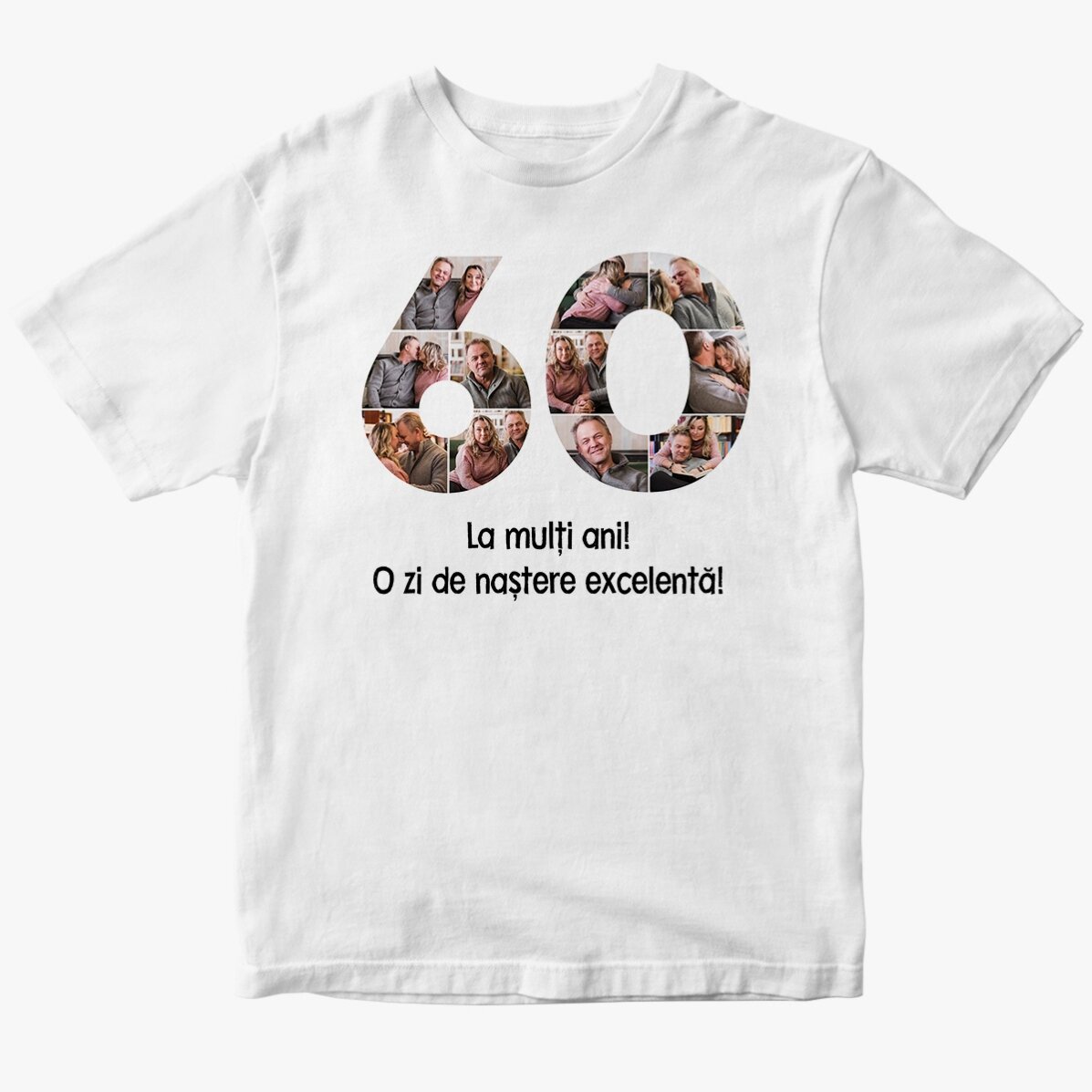 Personalised cotton T-shirt with 11 photos and a message – 60th birthday