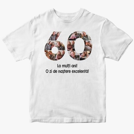 Personalised cotton T-shirt with 11 photos and a message – 60th birthday