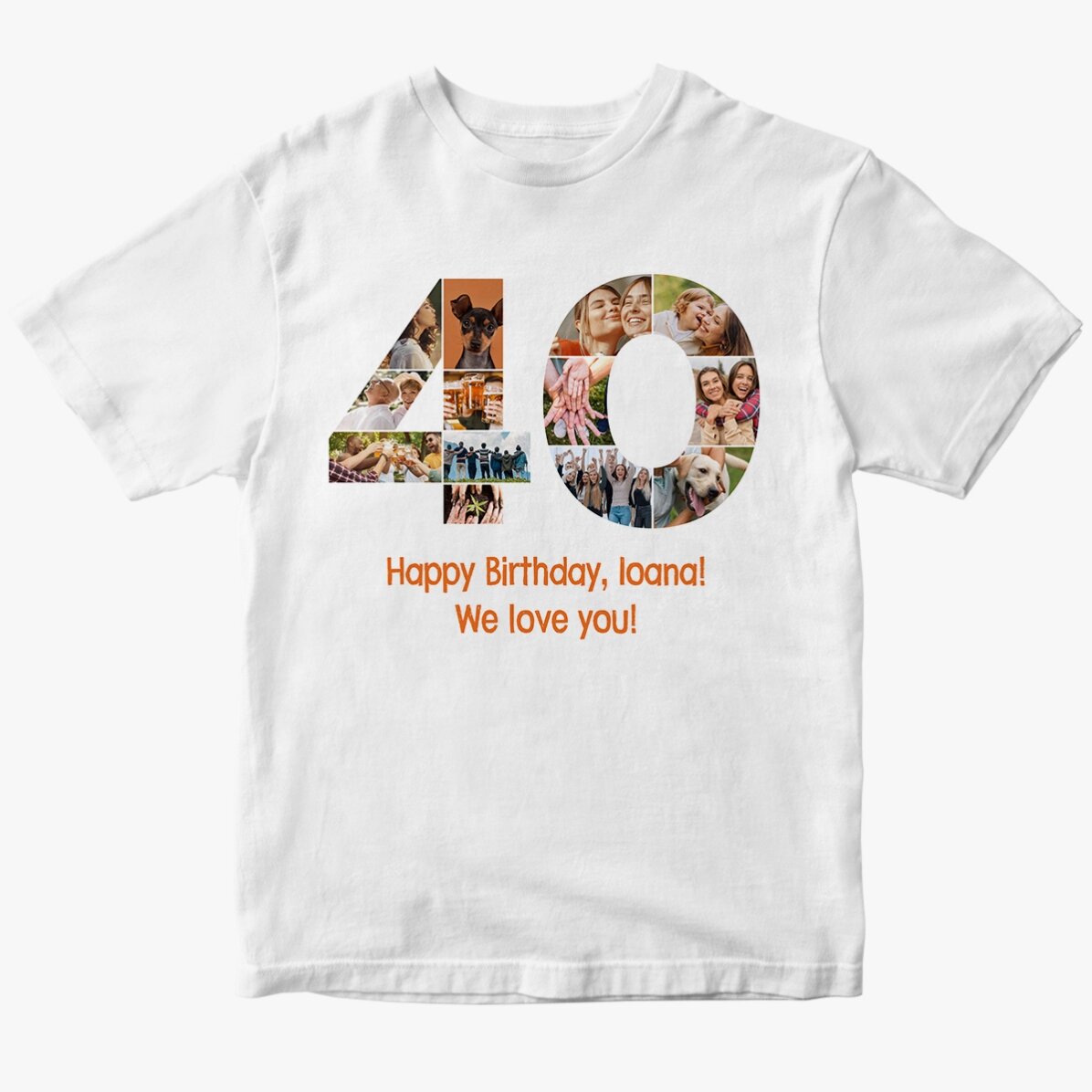 Personalised cotton T-shirt with 13 photos and a message – 40th birthday