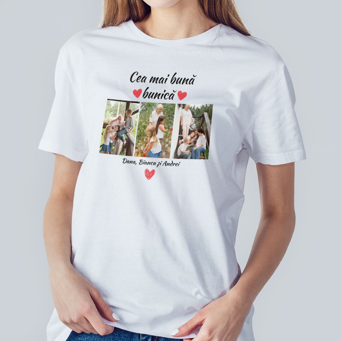 Personalised cotton T-shirt with 3 photos and text - The best grandparents