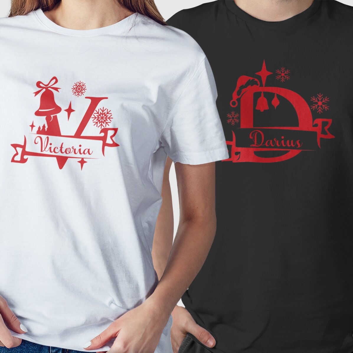 Tricou din bumbac personalizat cu inițială și nume - model de Crăciun