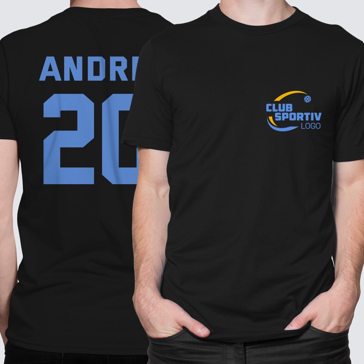 Personalised cotton T-shirt with a logo on the front and a number on the back