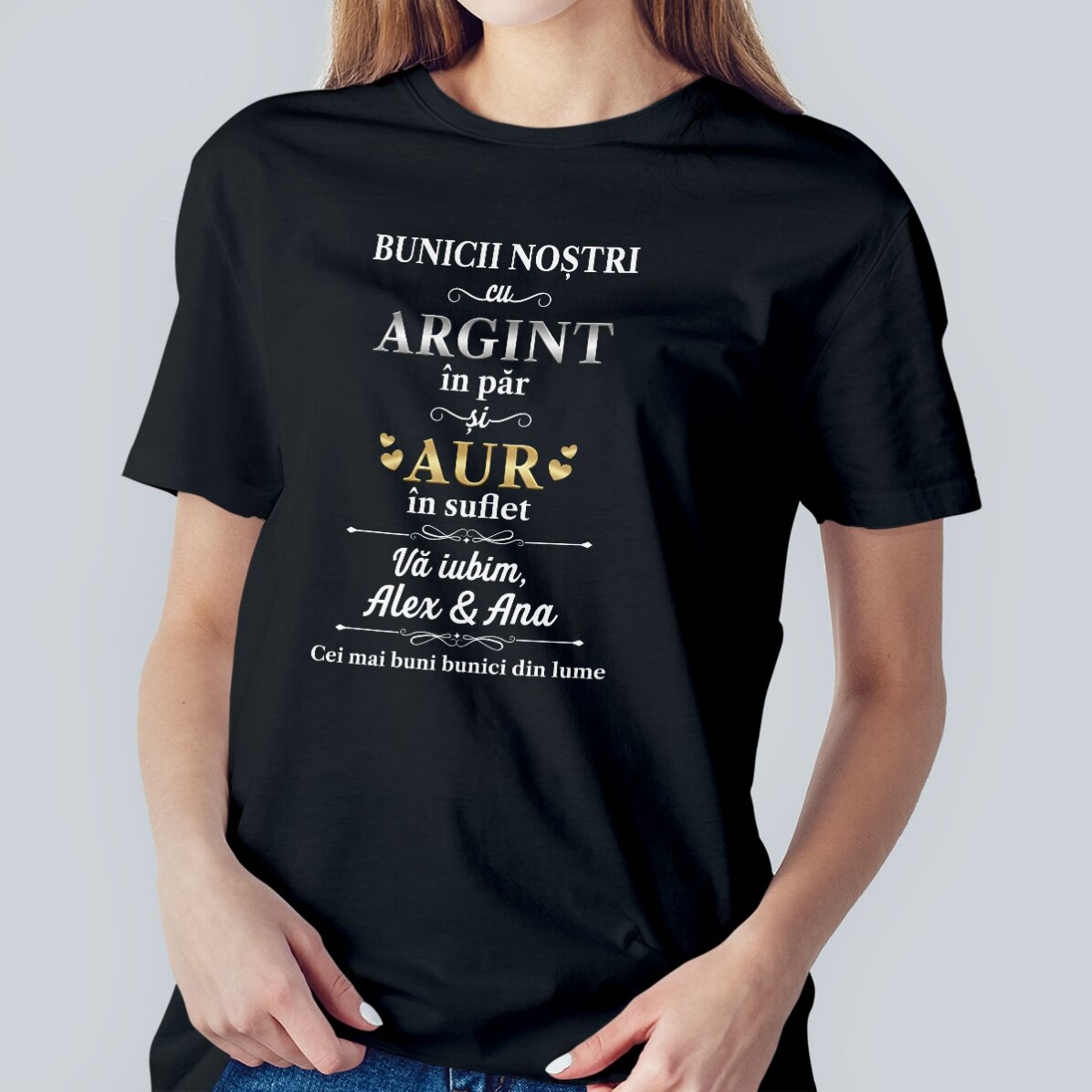 Custom cotton T-shirt with text - Silver in hair and gold in soul