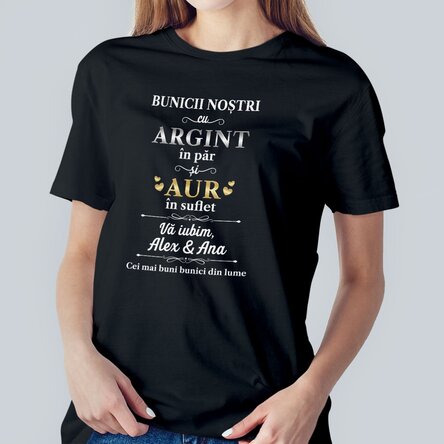 Custom cotton T-shirt with text - Silver in hair and gold in soul