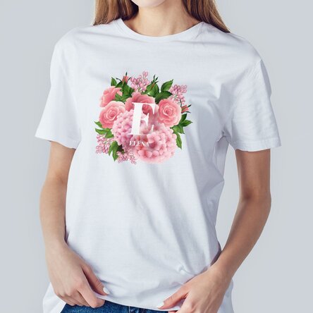 Tricou din bumbac personalizat cu inițială și nume - Flori de primăvară