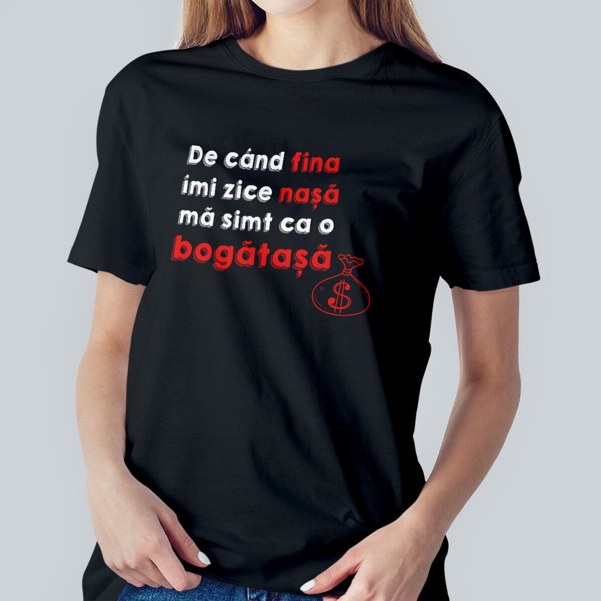 Tricou din bumbac personalizat cu text - Nașa bogătașă