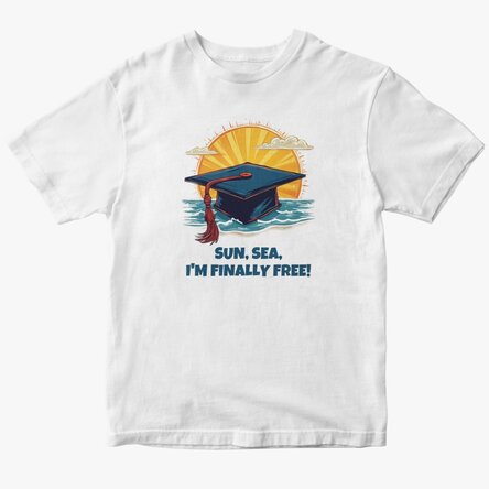Custom cotton T-shirt with text - Sun, sea, finally free