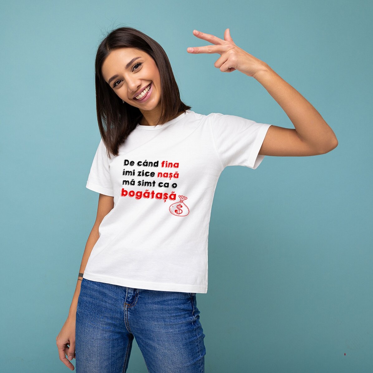 Tricou din bumbac personalizat cu text - Nașa bogătașă