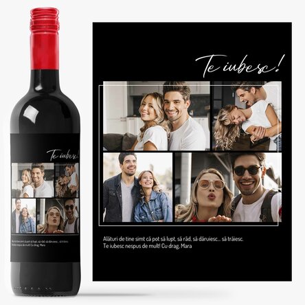 Vin personalizat cu 4 poze și text pentru iubit