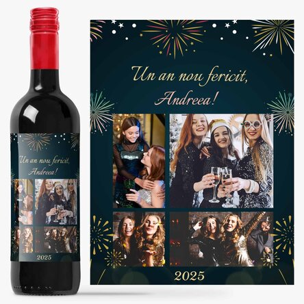 Vin personalizat cu 4 poze și text - Un an nou fericit!