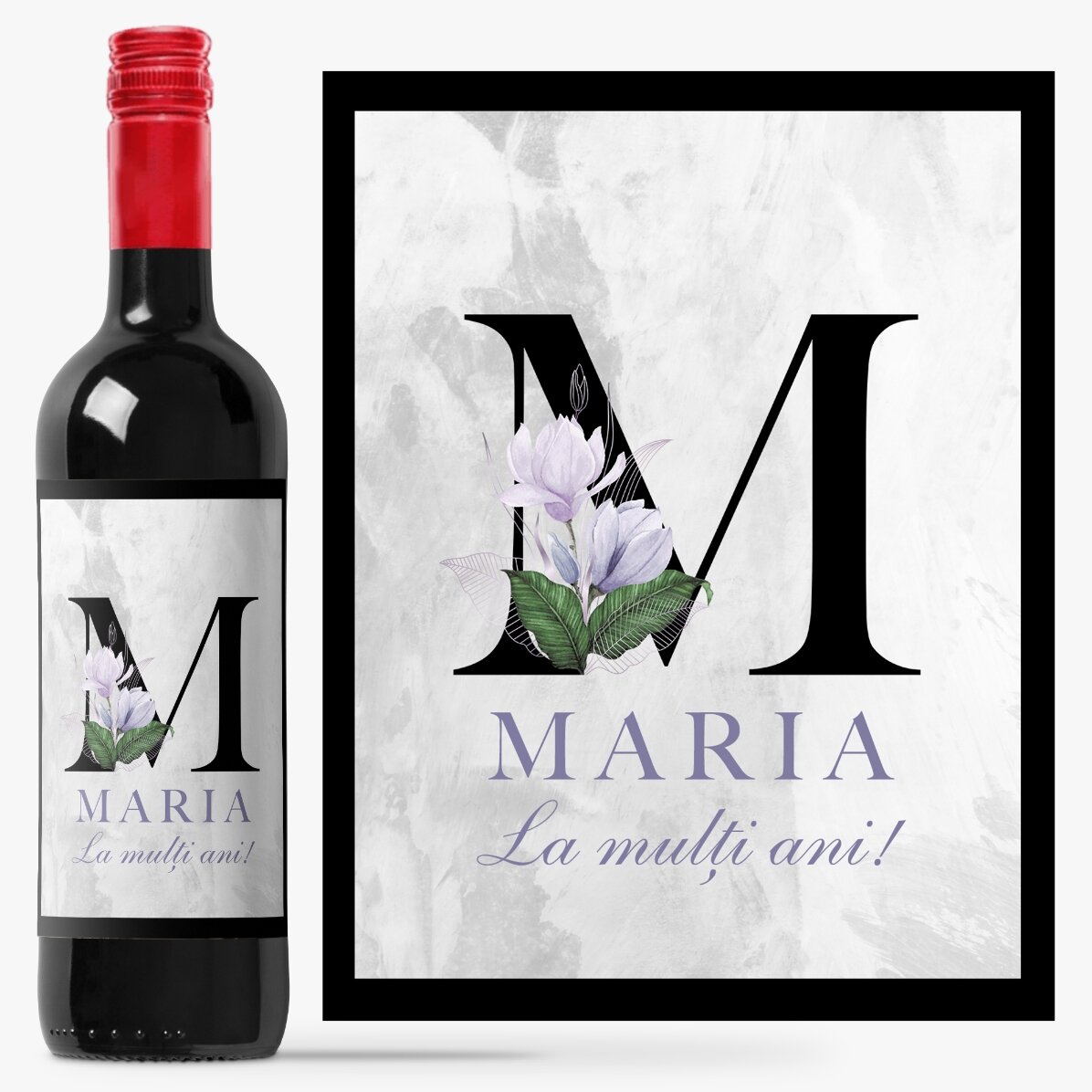 Vin personalizat cu inițială, nume și mesaj - Floral