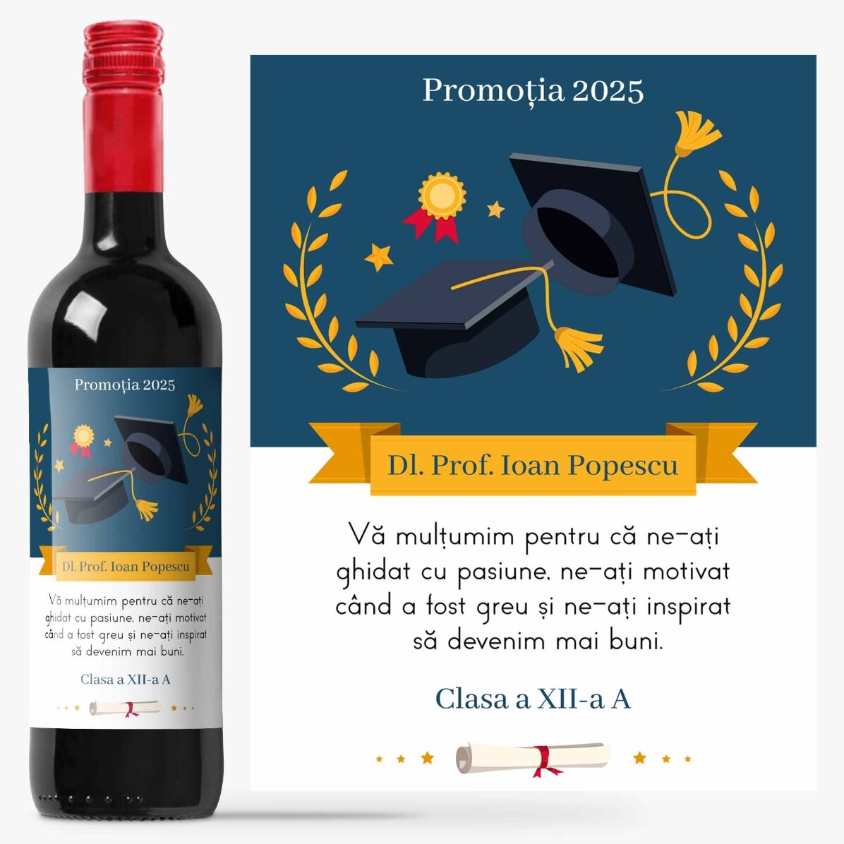 Vin personalizat cu mesaj pentru profesor - Mulțumim! 