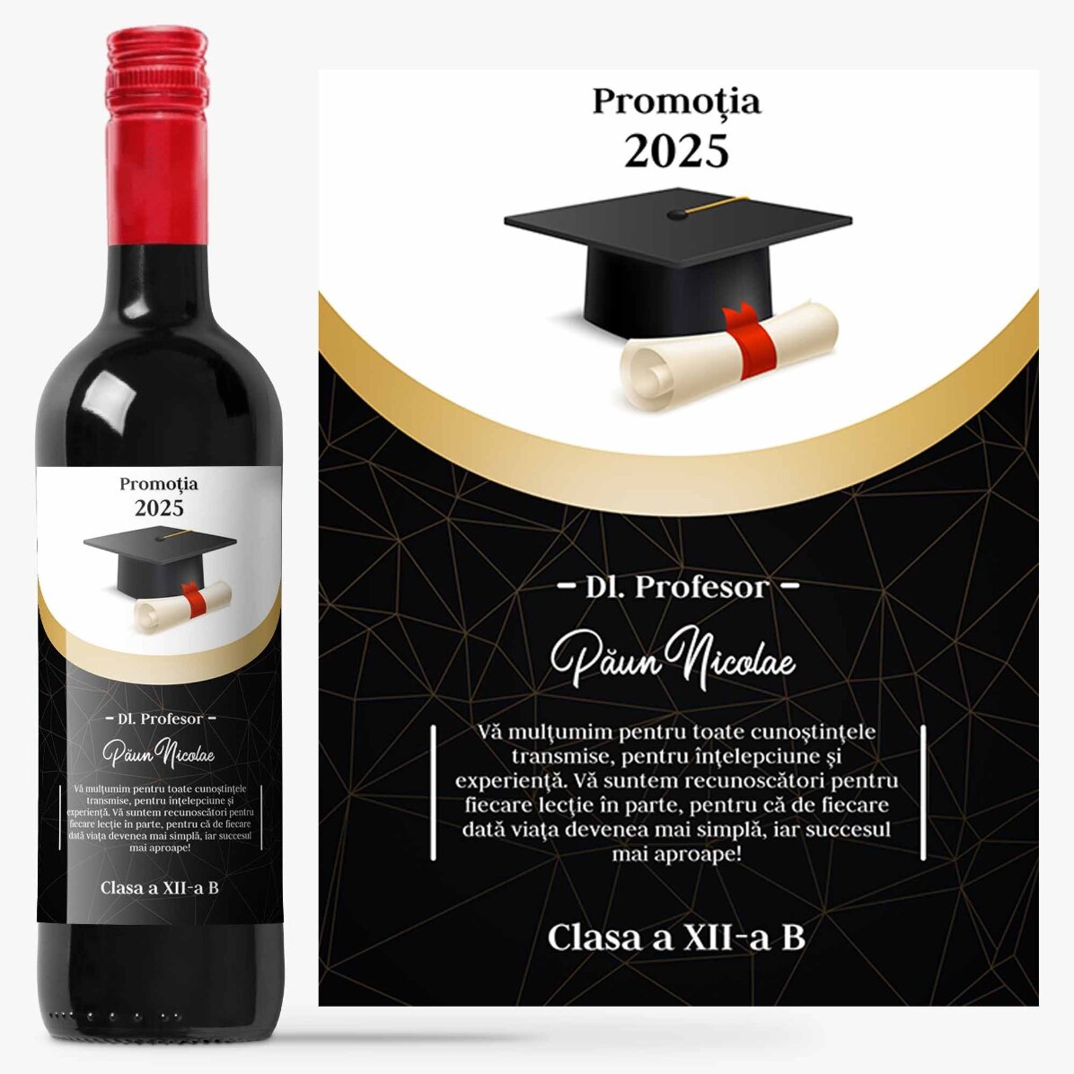 Vin personalizat cu mesaj pentru profesor - Recunoștință 