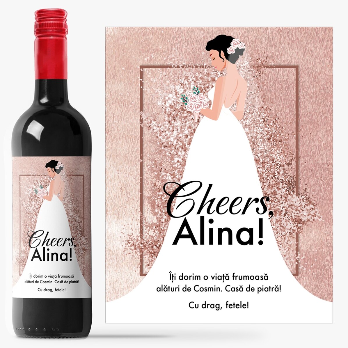 Vin personalizat cu mesaj pentru viitoarea mireasă