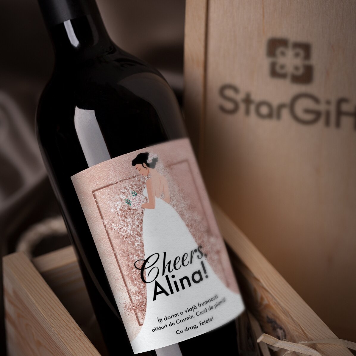 Vin personalizat cu mesaj pentru viitoarea mireasă