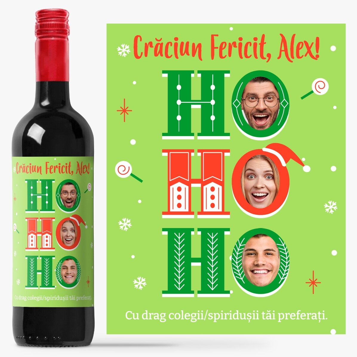 Vin personalizat cu mesaj și 3 poze de Crăciun - HO HO HO