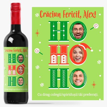 Vin personalizat cu mesaj și 3 poze de Crăciun - HO HO HO