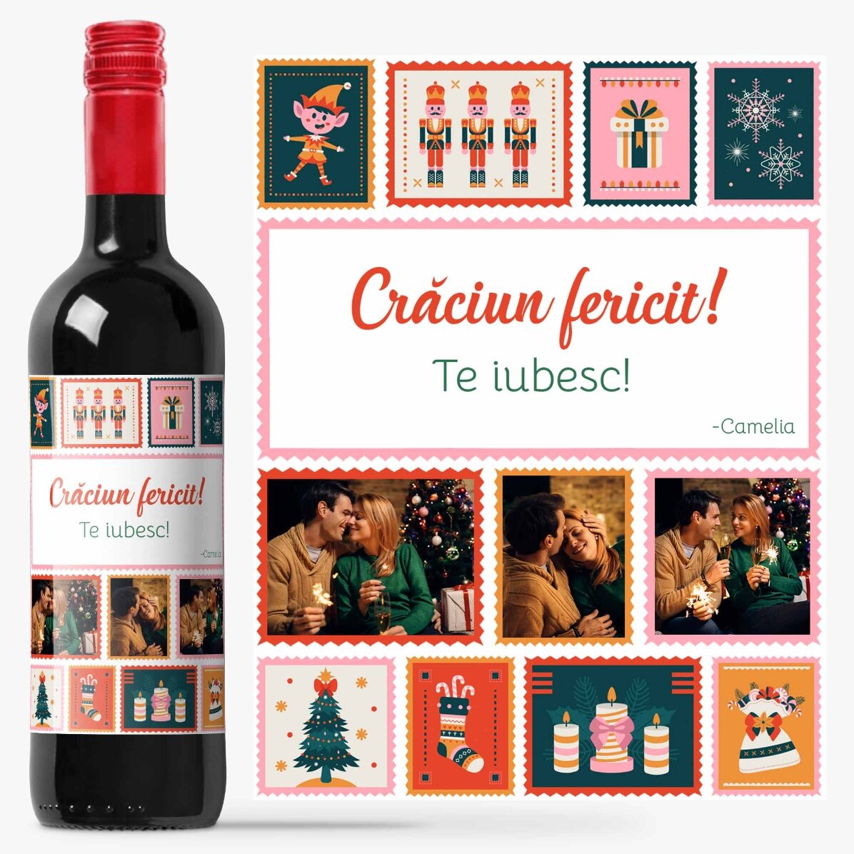 Vin personalizat cu mesaj și 3 poze de Crăciun - Timbre