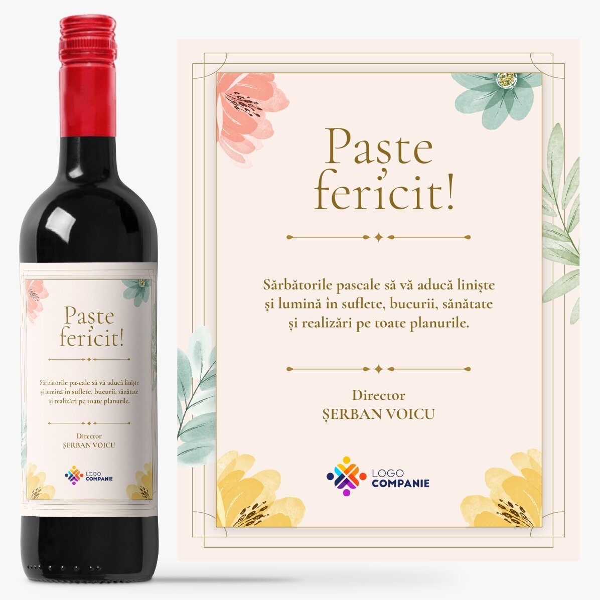 Vin personalizat cu mesaj și logo - Paște Fericit!