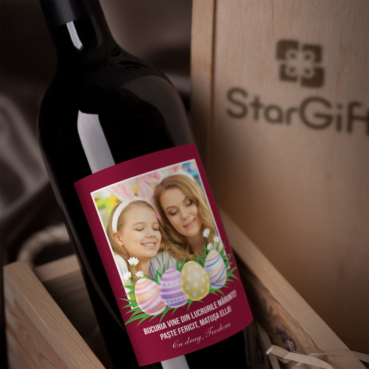 Vin personalizat cu o poză și mesaj de Paște