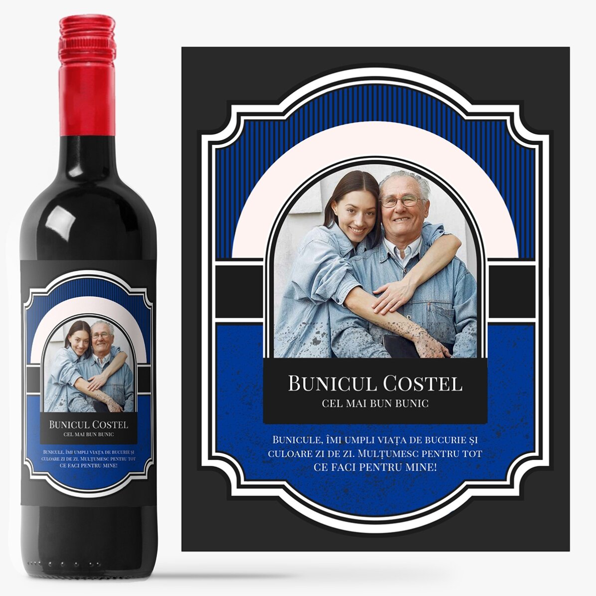 Vin personalizat cu text și poză pentru bunic 