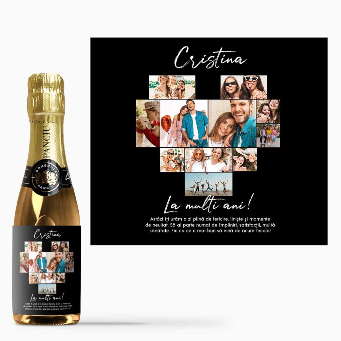 Mini sticluță de vin spumant personalizată cu 11 poze și mesaj