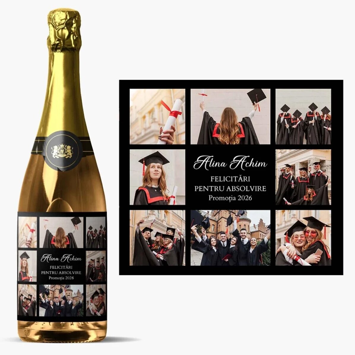Personalised sparkling wine with 8 photos and message