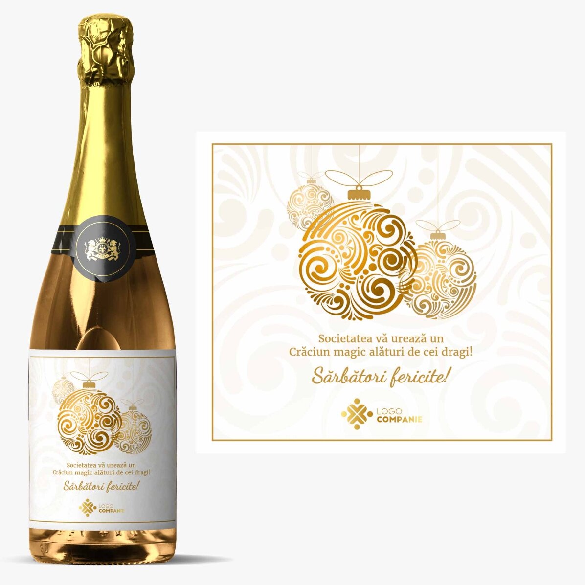 Vin spumant personalizat cu logo și mesaj - Globuri aurii de Crăciun