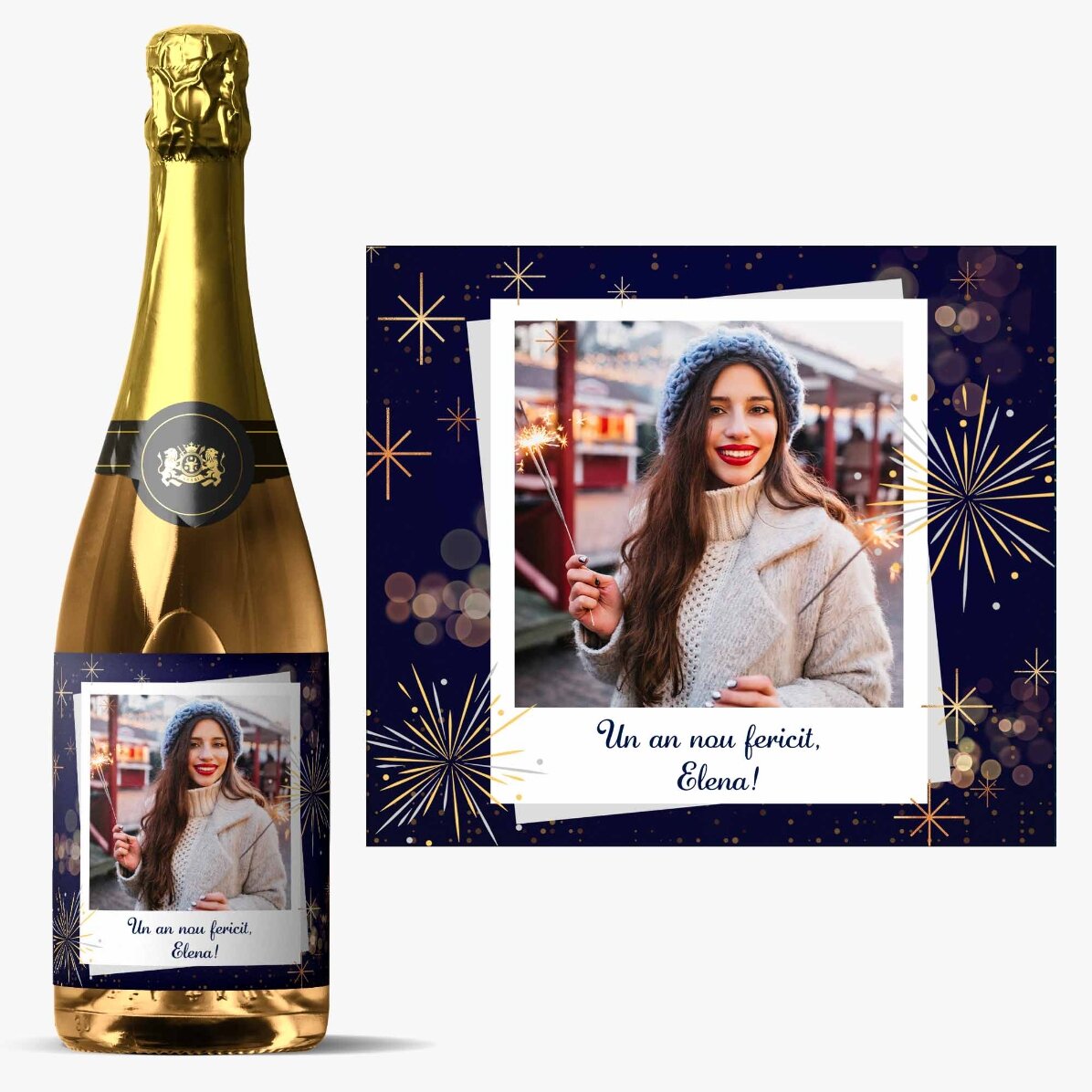 Vin spumant personalizat cu o poză și mesaj - Un an nou fericit!