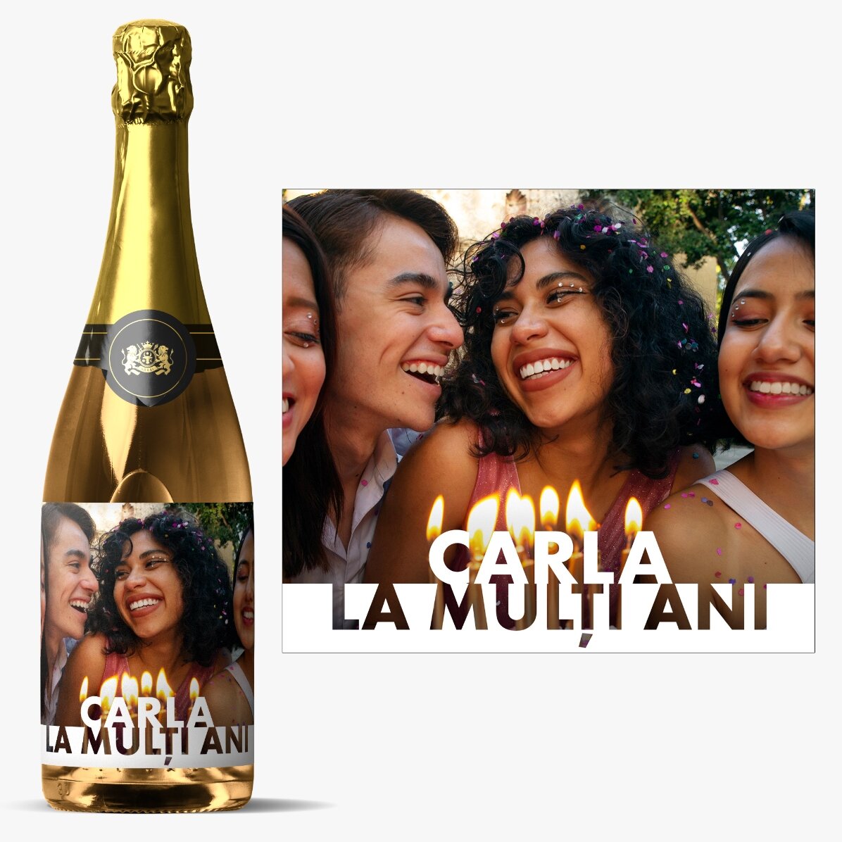 Vin spumant personalizat cu poză și nume pentru zi de naștere