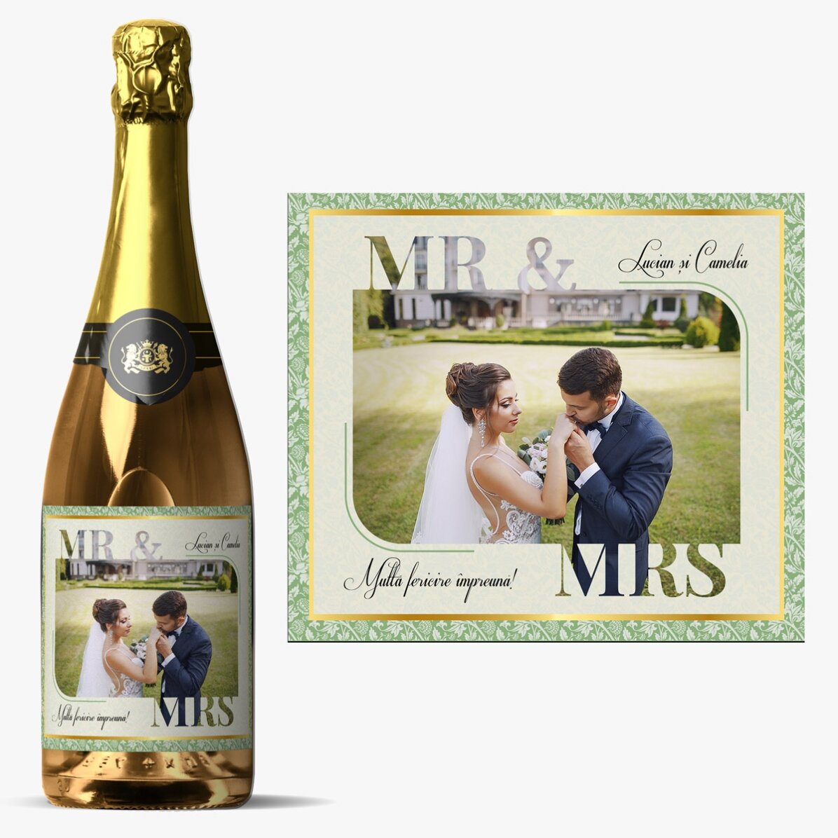 Vin spumant personalizat cu poză și text - Mr. & Mrs. 