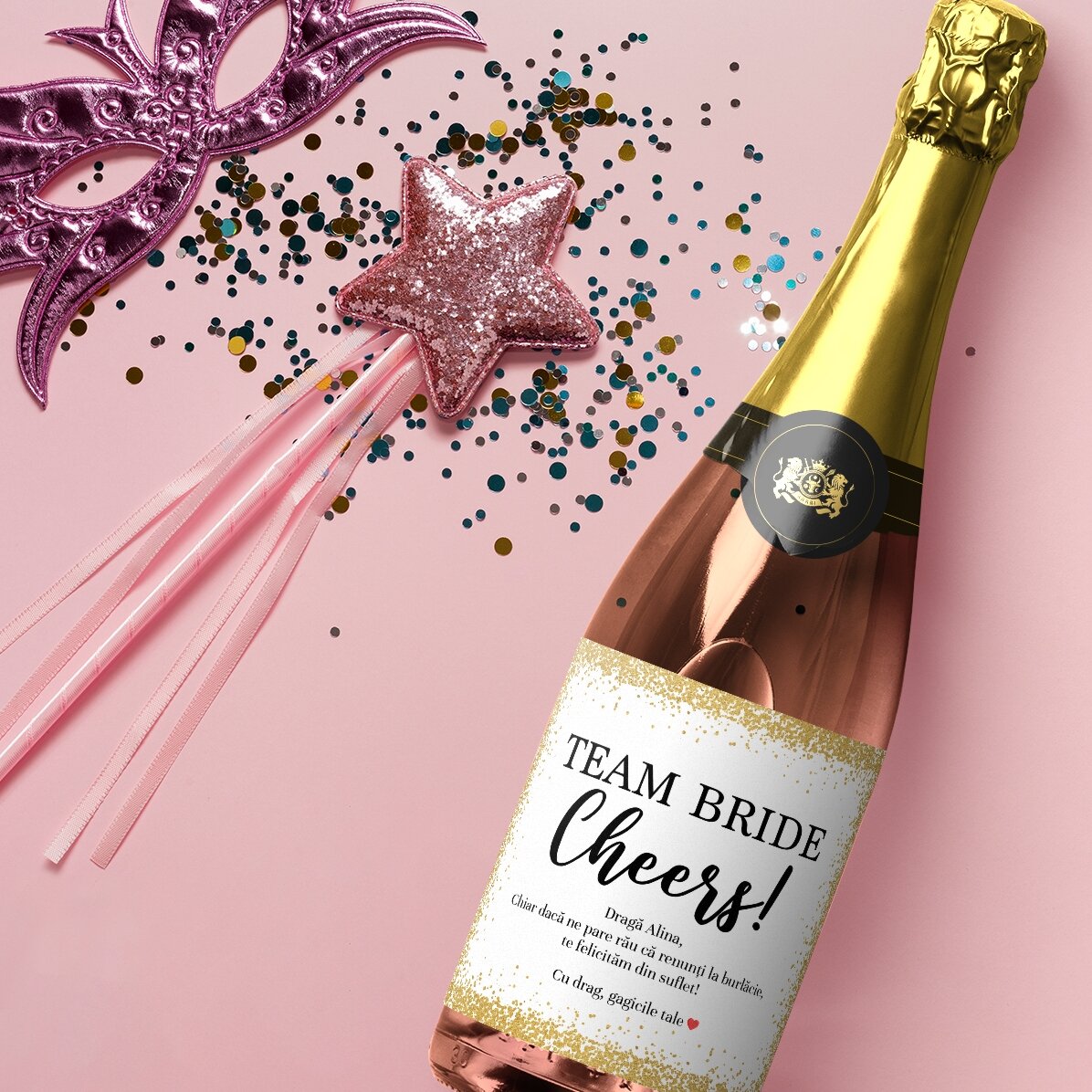 Vin spumant personalizat cu text pentru petrecerea burlăcițelor - Cheers