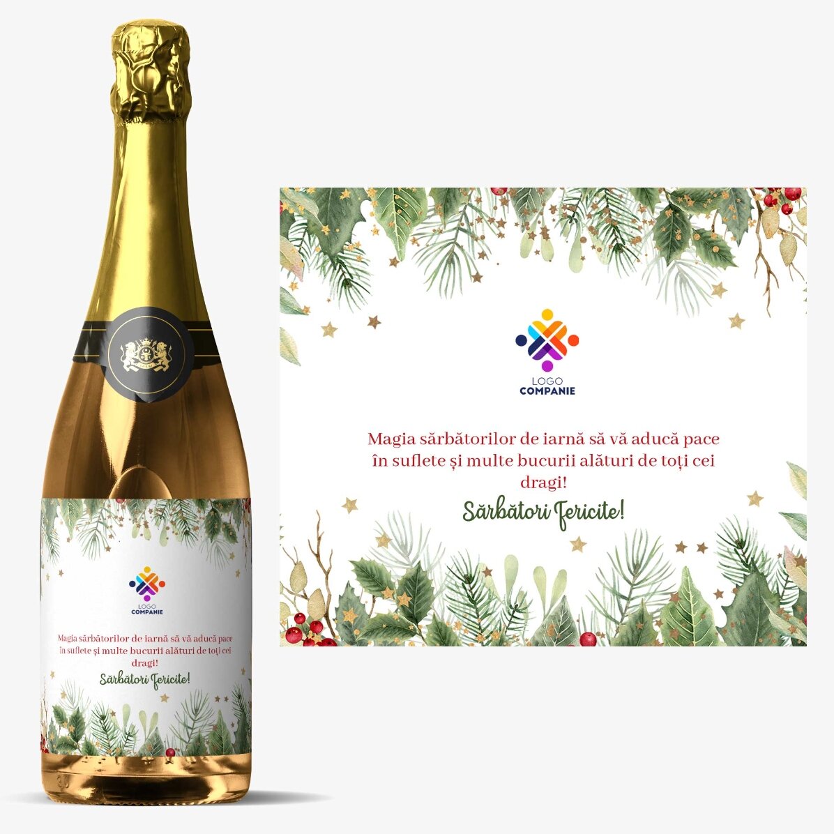 Vin spumant personalizat cu text și logo - Sărbători Fericite!