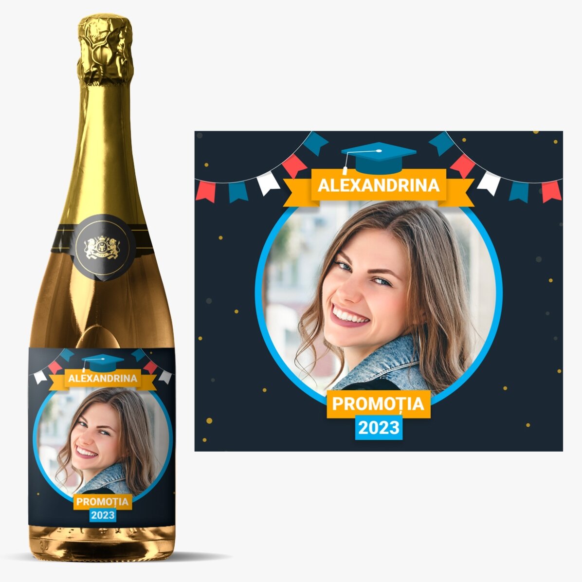 Vin spumant personalizat cu text si poza pentru absolvire 