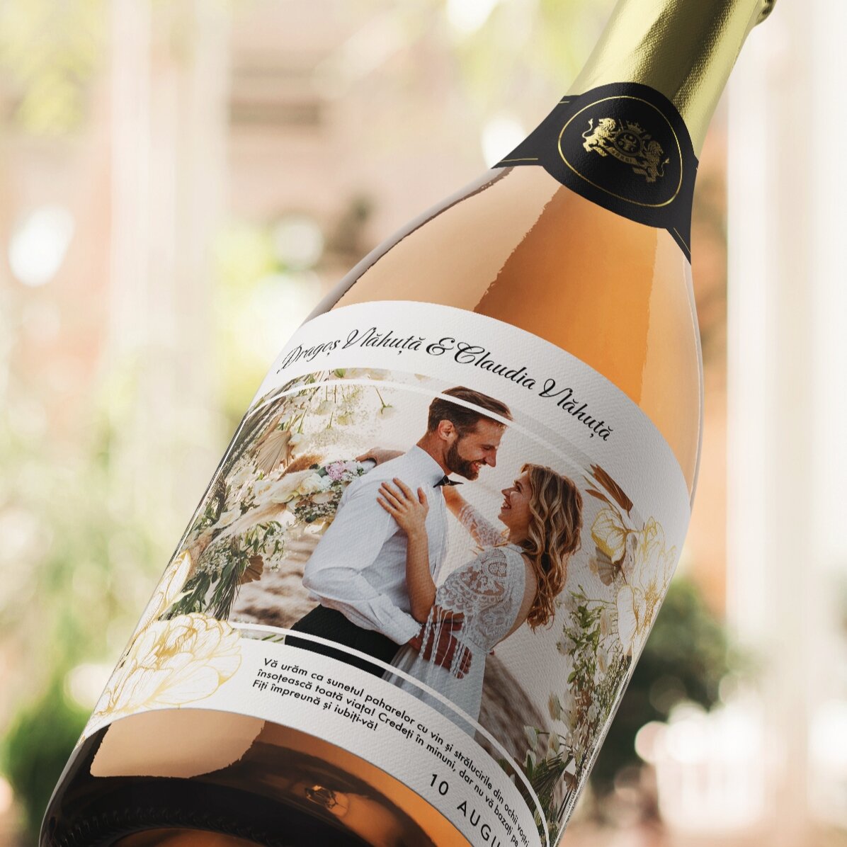 Vin spumant personalizat cu text și poză - Urare de nuntă